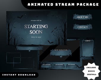 Puede incluir: Un paquete de transmisión animado con un tema oscuro y espeluznante. El diseño presenta un cielo nocturno con murciélagos, árboles desnudos y las palabras "STARTING SOON". Incluye botones para "About Me", "Contact" y "Chat", además de alertas de donación. El texto dice "DESCARGA INSTANTÁNEA".