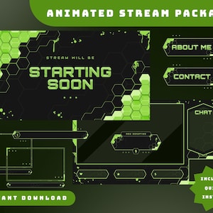 Pode incluir: Pacote de streaming animado com um esquema de cores preto e verde. O pacote inclui uma tela de início, uma caixa de bate-papo, uma caixa de doações e botões de "Sobre mim" e "Contato". O texto "STREAM WILL BE STARTING SOON" é exibido na tela de início. O texto "NEW DONATION" é exibido na caixa de doações. O texto "ABOUT ME", "CONTACT" e "CHAT" é exibido nos botões respectivos. O texto "INCLUDE QUICK INSTALL" é exibido em um círculo verde.