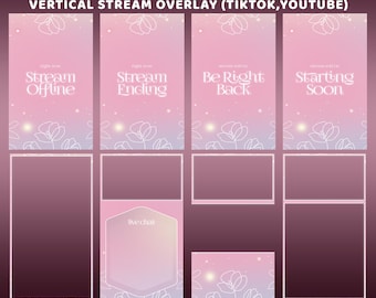 Puede incluir: Un diseño de superposición de transmisión vertical para TikTok y YouTube, con un fondo degradado rosa y morado suave. El diseño incluye elementos de texto como "Stream Offline", "Stream Ending", "Be Right Back" y "Starting Soon". Acentos florales y de estrellas blancas completan el diseño.