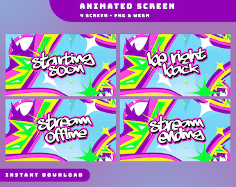 Pacchetto di sovrapposizioni di schermi animati colorati, sovrapposizione di streaming colorata, schermo animato, sovrapposizione di Twitch Retro Futurism, strumenti per streamer