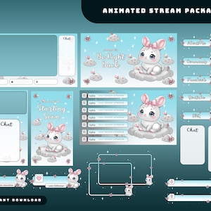 Op de afbeelding: Een geanimeerd stroompakket met een schattig konijnenthema. Het pakket bevat verschillende overlay-elementen zoals chatboxen, een stroomschema en social media-knoppen. Het ontwerp heeft een lichtblauw kleurenschema met wolken en bloemaccenten. Tekst bevat "Be Right Back" en "Starting Soon".