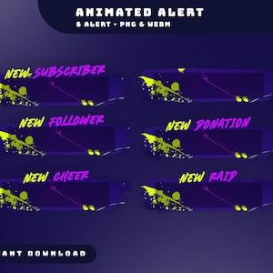 May include: Animated alert graphics with text like "New Subscriber" and "New Follower" in neon colors. The design features a dark blue background with yellow and purple paint strokes. Includes "Instant Download" text.