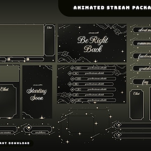 May include: An animated stream package featuring a dark theme with celestial motifs, including stars, planets, and clouds. The set includes overlays for chat, schedules, and social media buttons with text like Be Right Back and Starting Soon.