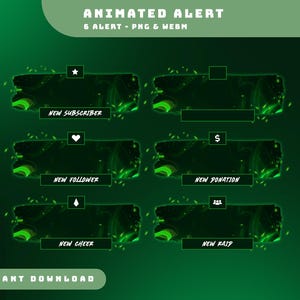 Pacote de sobreposição de alerta de transmissão animado verde místico, alertas de transmissão estéticos verdes, sobreposição de jogos verde escuro, alertas de transmissão de fumaça