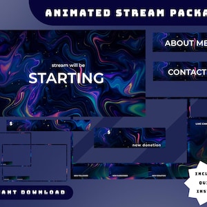 May include: An animated stream package with a dark blue and purple swirling design. The package includes a "Starting" screen, "About Me" and "Contact" panels, and other elements. Text includes "Instant Download" and "Include Quick Install".
