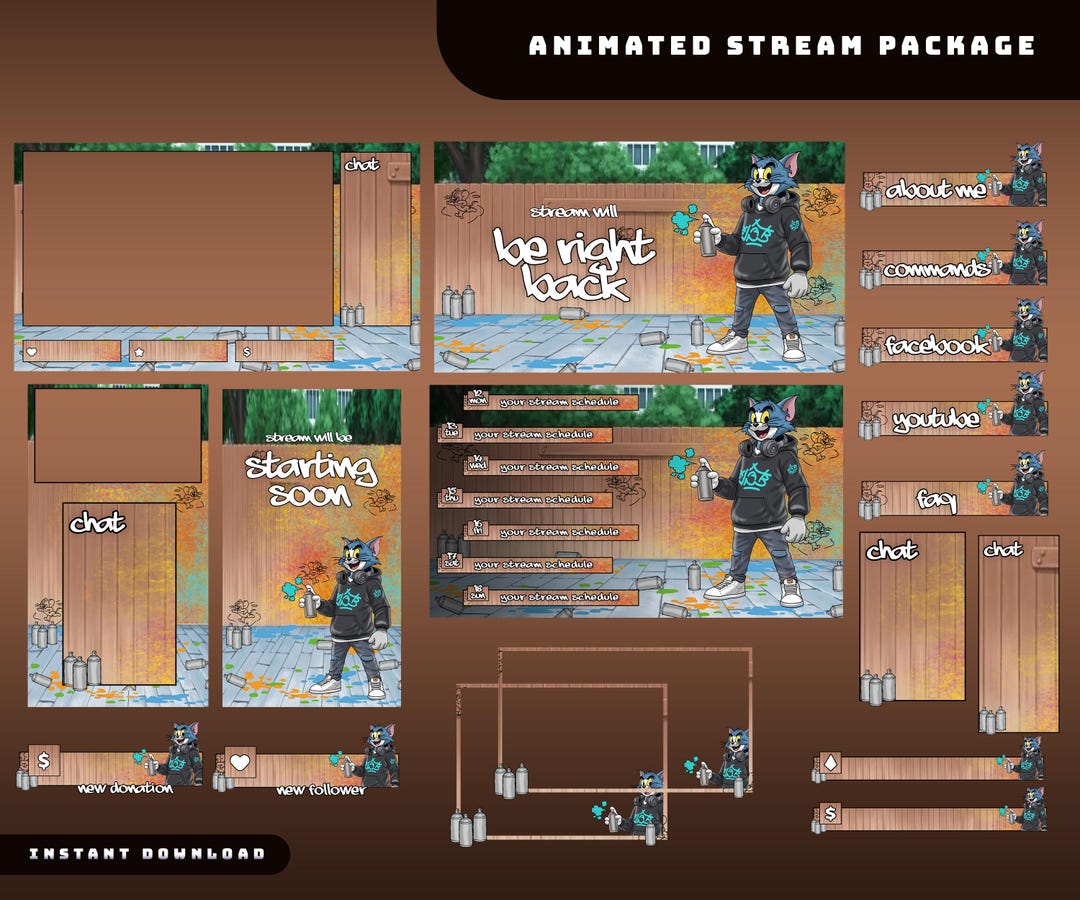 Cool Graffiti Cat Animated Stream Overlay Package, Cartoon Cat Mouse ...