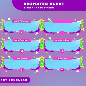 Pacote de sobreposição de alerta de fluxo animado colorido, alertas de streaming estéticos coloridos, sobreposição de jogo escuro, fluxo de onda retrô, hiper cor
