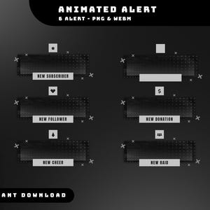 Pixel Noir Animated Stream Alert Overlay Package, Black White Alert Overlay, Modern Stream Alerts, Minimalist Animated Alerts, Simple Alert