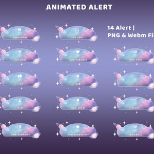 May include: Animated alert graphics with a space theme. The image features 14 different alert designs with text such as "superchat", "new follower", and "new donation". Each design is a cloud shape with a planet and stars.