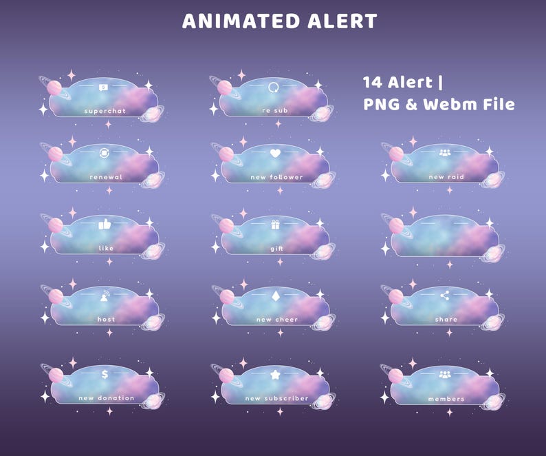 May include: Animated alert graphics with a space theme. The image features 14 different alert designs with text such as "superchat", "new follower", and "new donation". Each design is a cloud shape with a planet and stars.
