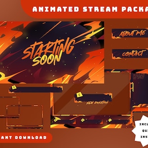 Pode incluir: Um pacote de streaming animado com um tema de fogo laranja e preto. O design inclui uma tela "Starting Soon", painéis "About Me" e "Contact" e alertas de doação. O pacote é um download instantâneo com instalação rápida.