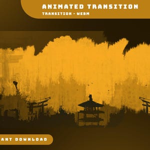 以下が含まれることがあります： 黄色とオレンジの背景に、日本のパゴダと木のシルエットが映し出されたアニメーションのトランジション。画像の上部には「ANIMATED TRANSITION」と「TRANSITION - WEBM」のテキストが表示されています。画像の下部には「INSTANT DOWNLOAD」のテキストが表示されています。
