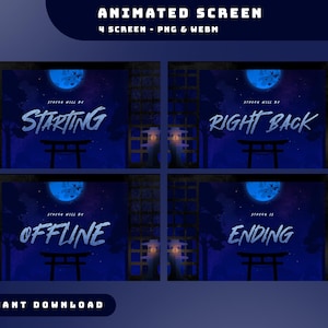 Op de afbeelding: Geanimeerd schermontwerp met vier panelen, elk met een donkerblauwe nachtscène met volle maan en Japanse torii-poort. Tekst bevat "Starting", "Right Back", "Offline" en "Ending". "Instant Download" is ook aanwezig.