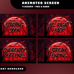 Puede incluir: Diseño de pantalla animada con cuatro paneles con temática espeluznante. Cada panel tiene un fondo de luna roja, árboles silueteados y murciélagos. El texto incluye "Starting Soon", "Be Right Back", "Currently Offline" y "Stream Ending".