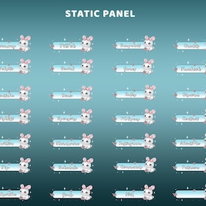 May include: A collection of static panel graphics featuring a cute bunny with a pink bow. Each panel has a light blue background with text such as "Giveaway", "TikTok", "Website", "Social", and "Youtube". The text is in white.