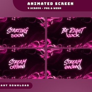 Pode incluir: Gráficos de tela animados com fundo escuro e detalhes em néon rosa. Os gráficos incluem as frases "Starting Soon", "Be Right Back", "Stream Offline" e "Stream Ending". As palavras estão em uma fonte estilizada.