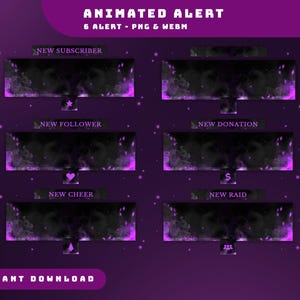 May include: Animated alert graphics in shades of purple and black. The image features six different alert designs, each with a unique icon and text label, including "New Subscriber," "New Follower," and "New Donation." The words "Animated Alert" and "Instant Download" are also visible.