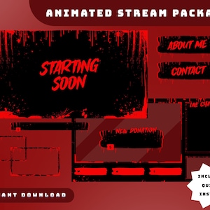Könnte beinhalten: Animiertes Stream-Paket mit rotem und schwarzem Thema. Das Design umfasst einen Bildschirm mit dem Text "STARTING SOON" sowie Schaltflächen für "ABOUT ME" und "CONTACT". Es enthält auch eine "NEW DONATION"-Schaltfläche und einen "LIVE CHAT"-Bereich. Sofortiger Download.