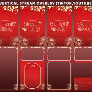 May include: A set of red vertical stream overlays for TikTok and YouTube. The overlays feature text such as "Currently Offline," "Stream Ending," "Be Right Back," and "Starting Soon." Each overlay has a decorative floral design.