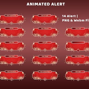 May include: Animated alert graphics in red and gold, featuring text labels like "new superchat," "new re sub," and "new donation." The set includes 14 different alert designs, with the text "14 Alert | PNG & Webm File."