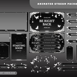Pakiet nakładek animowanych Astral Lace Mirage, czarno-biała nakładka Twitch z motylem, motyw księżycowych gwiazd, ozdobne narożniki w stylu vintage