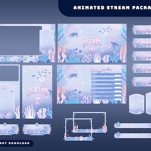 May include: An animated stream package featuring an underwater theme with light blue and purple gradients, coral reefs, and sea turtles. Includes overlays for Starting Soon, Be Right Back, a schedule, and buttons labeled About Me, Commands, and FAQ.