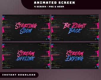 Peut inclure: Graphiques d'écran animés pour le streaming, avec quatre designs : "Starting Soon", "Be Right Back", "Stream Offline" et "Stream Ending". Chaque design a un fond noir avec des accents colorés et du texte.