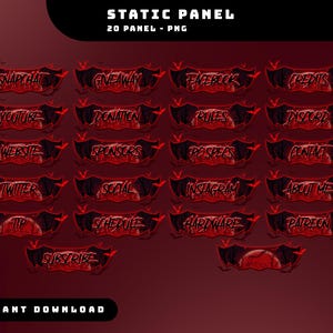 May include: A collection of 20 red and black static panels, each with a bat-wing design and text such as "Snapchat," "Giveaway," and "Facebook." The image also includes the text "Instant Download."