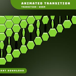 May include: A digital graphic with a green and black honeycomb pattern. The words "ANIMATED TRANSITION" and "TRANSITION - WEBM" are at the top. The words "INSTANT DOWNLOAD" are at the bottom.