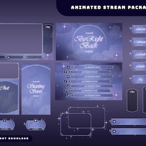 Stellar Dream Animated Stream Overlay-paket, lila himmelsk ryckning, drömskt månmoln, stjärnklar nattbakgrund, stor lysande cirkel