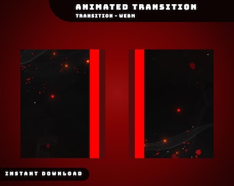 Pode incluir: Efeito de transição animado com uma linha vertical vermelha movendo-se sobre um fundo preto com partículas vermelhas. O texto "ANIMATED TRANSITION" e "TRANSITION - WEBM" está no topo da imagem.
