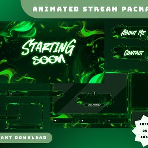 May include: Animated green and black stream package with a starting soon screen, a new donation screen, a contact screen, an about me screen, and a screen for a webcam. The package includes quick install instructions.