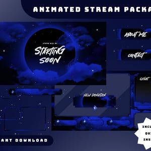 Blue Nebula Animated Stream Overlay Package, Galaxy Stream Overlay, Moon Stars Overlay, Night Sky Vtuber Design, Cloudy Sky Animated Overlay