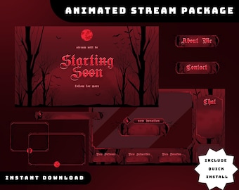 May include: Animated stream package with a dark red theme. The design includes a "Starting Soon" screen with a full moon and silhouettes of trees. Additional elements include "About Me" and "Contact" buttons, and a chat box. The package is an instant download.