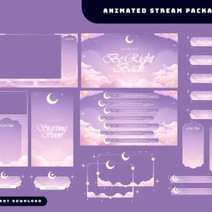 May include: A digital stream package with a celestial theme. The design features a purple and pink colour palette with clouds, moons, and stars. Includes screens for "Starting Soon," "Be Right Back," and social media buttons. The text "Instant Download" is also visible.