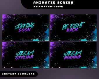 Cyber Splash Animated Stream Screen Overlay Package, Blue Purple Brush Design, Grunge Twitch Overlay, Animated Vtuber Screen, Neon Stream