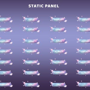 May include: A collection of 20 static panel graphics for Twitch or other streaming platforms. Each panel features a pastel color scheme with text labels such as "Giveaway", "Website", and "YouTube". The panels have a space-themed design with stars.