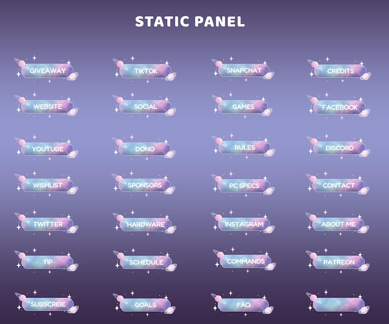 May include: A collection of 20 static panel graphics for Twitch or other streaming platforms. Each panel features a pastel color scheme with text labels such as "Giveaway", "Website", and "YouTube". The panels have a space-themed design with stars.