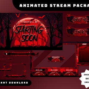 May include: A red and black animated stream package with a spooky theme. The package includes overlays for "About Me", "Contact", and "Chat", along with animated elements and the text "Stream Will Be Starting Soon".