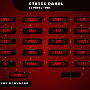 May include: A set of 20 red and black Twitch panels with text such as "Snapchat", "Giveaway", "Facebook", "Credits", "YouTube", "Dono", "Rules", "Discord", "Website", "Sponsors", "PC Specs", "Contact", "Twitter", "Social", "Instagram", "About Me", "Tip", "Schedule", "Hardware", "Patreon", and "Subscribe".