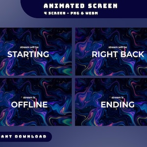 May include: Animated screen design with four panels. Each panel features a swirling, colorful abstract background in shades of blue, purple, and green. Text overlays include "STARTING", "RIGHT BACK", "OFFLINE", and "ENDING". The top text reads "ANIMATED SCREEN".