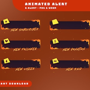 Puede incluir: Gráficos de alerta animados para streaming, con seis alertas diferentes con un diseño de fuego. Cada alerta tiene un fondo oscuro con llamas naranjas y un icono amarillo. El texto incluye "New Subscriber", "New Follower", "New Donation", "New Cheer" y "New Raid".