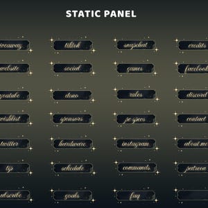May include: A digital graphic set titled STATIC PANEL featuring twenty-seven rectangular black buttons with gold borders and gold star accents. Each button contains white cursive text including labels like giveaway, tiktok, youtube, and subscribe.