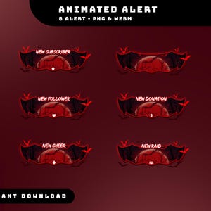May include: Animated alert graphics with a dark red theme. Each alert features a stylized bat-wing frame with a red moon and forest background. Text includes "New Subscriber," "New Follower," "New Donation," "New Cheer," and "New Raid."