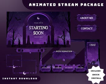 May include: Animated stream package with a purple and black theme. The design includes elements like a moon, bats, and gothic architecture. Text includes "Starting Soon", "About Me", "Contact", and "Chat". The package is advertised as an instant download.