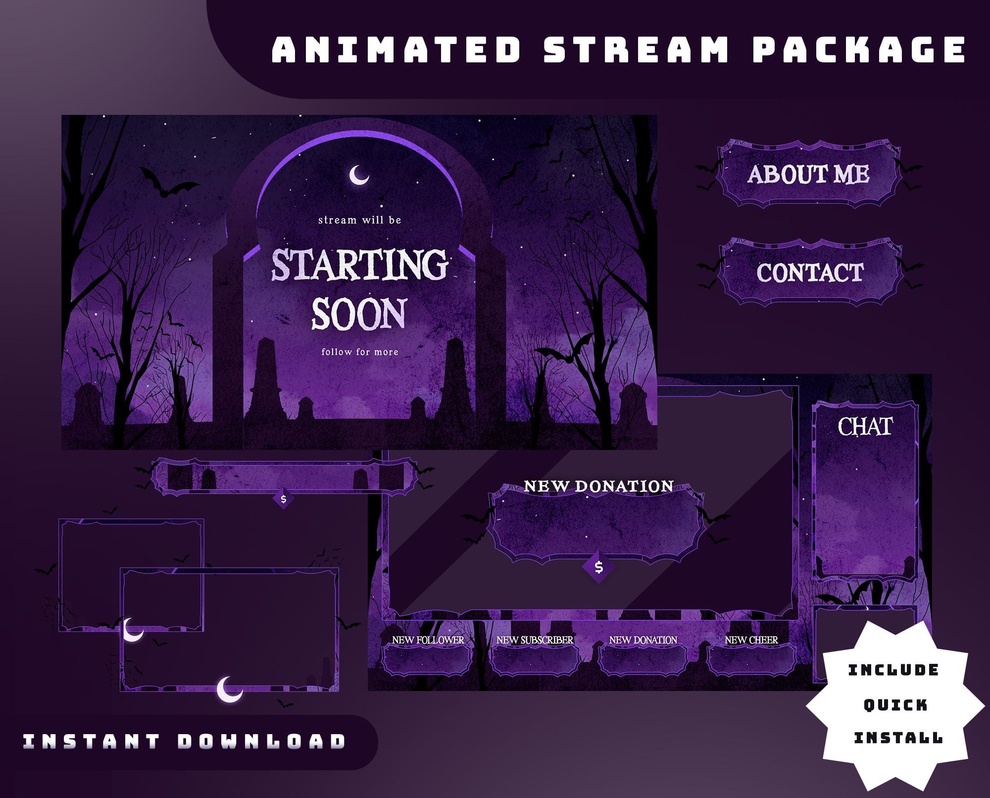 Graveyard Gate Animated Stream Overlay Package, Purple Halloween Stream ...