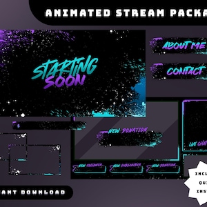 Könnte beinhalten: Ein animiertes Stream-Paket mit einem schwarzen, lila und türkisfarbenen Farbschema. Das Design umfasst einen "Starting Soon"-Bildschirm, "About Me"- und "Contact"-Buttons und weitere Elemente für Live-Streaming. Sofortiger Download und schnelle Installation.