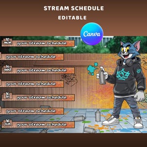 Peut inclure: Un modèle de planning de stream numérique avec un personnage de chat de dessin animé tenant une bombe de peinture. Le modèle comprend des sections modifiables pour chaque jour de la semaine, avec le texte "your stream schedule". Le logo Canva est également visible.