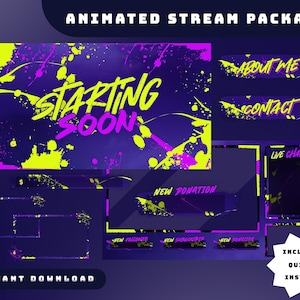 May include: An animated stream package with a vibrant design. The package includes a "Starting Soon" screen, "About Me" and "Contact" banners, and other elements. The color scheme features purple, yellow, and pink splashes against a dark blue background. The text "Instant Download" is also visible.