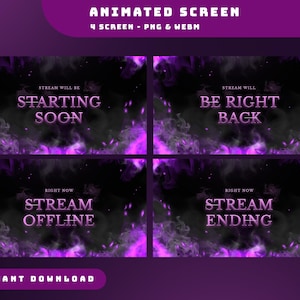 Puede incluir: Gráficos de pantalla animados para streaming, con cuatro pantallas con superposiciones de texto. Las pantallas tienen un fondo oscuro con efectos de humo morado y gris. El texto incluye "Starting Soon", "Be Right Back", "Stream Offline" y "Stream Ending".